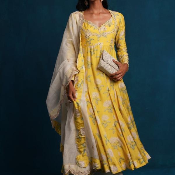 LIME YELLOW ANARKALI PANT DUPATTA