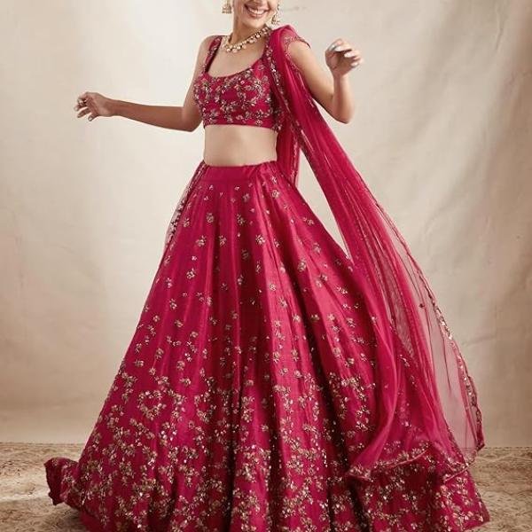 WeaRSquad Women’s Art Silk Lehenga Choli with Sequins Embroidery Work & Unstitched Blouse - Parti Wear Georgette Dupatta for Weddings and Special Occasions
