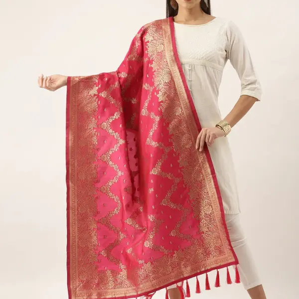 Banarasi Silk Zigzag Design Woven Dupatta With Tassels
